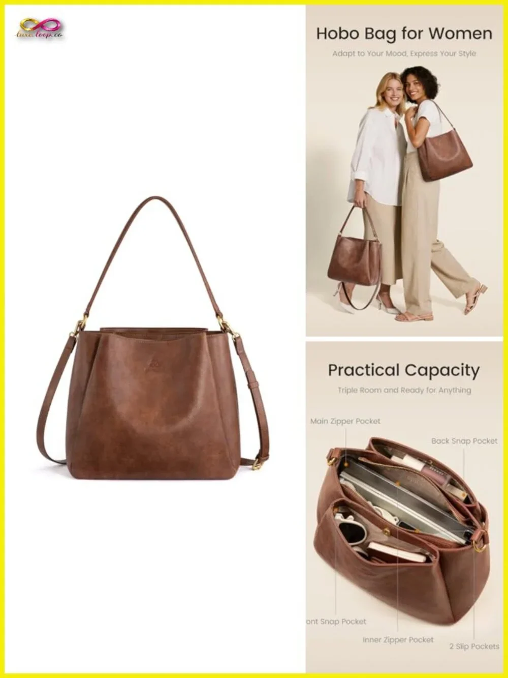 Waterproof Vegan Leather Hobo Bag with 3 Compartments Work Travel Purse